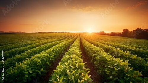 Agricultural soy plantation on sunny day - Green growing soybeans plant with sunlight on field