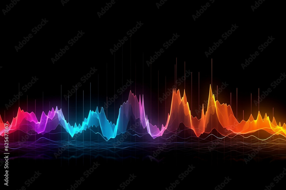 neon music soundwaves graph, audio visualization, data science and data representation graph, vibrant neon colors
