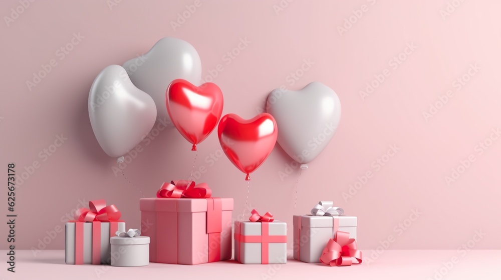 Bunch of bright red balloons arranged in heart shape floating, gift for love, on white background. 3D rendering