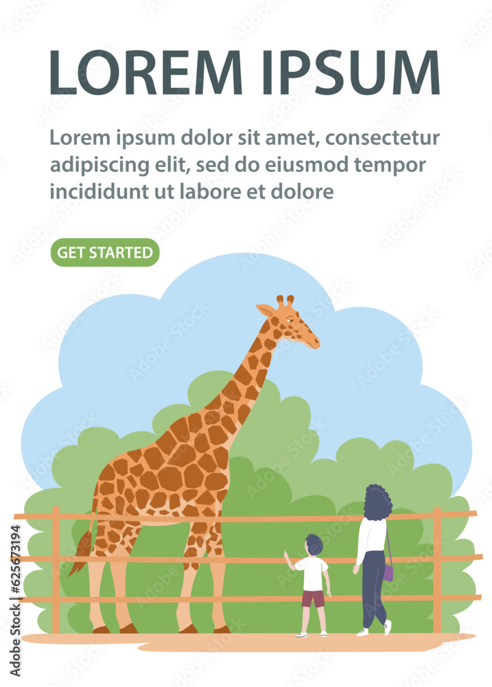 Obraz premium Mother and child look at a giraffe in the zoo. African herbivore mammal. Wild animal. Weekend and leisure. Cartoon vector illustration. Design for website, banner