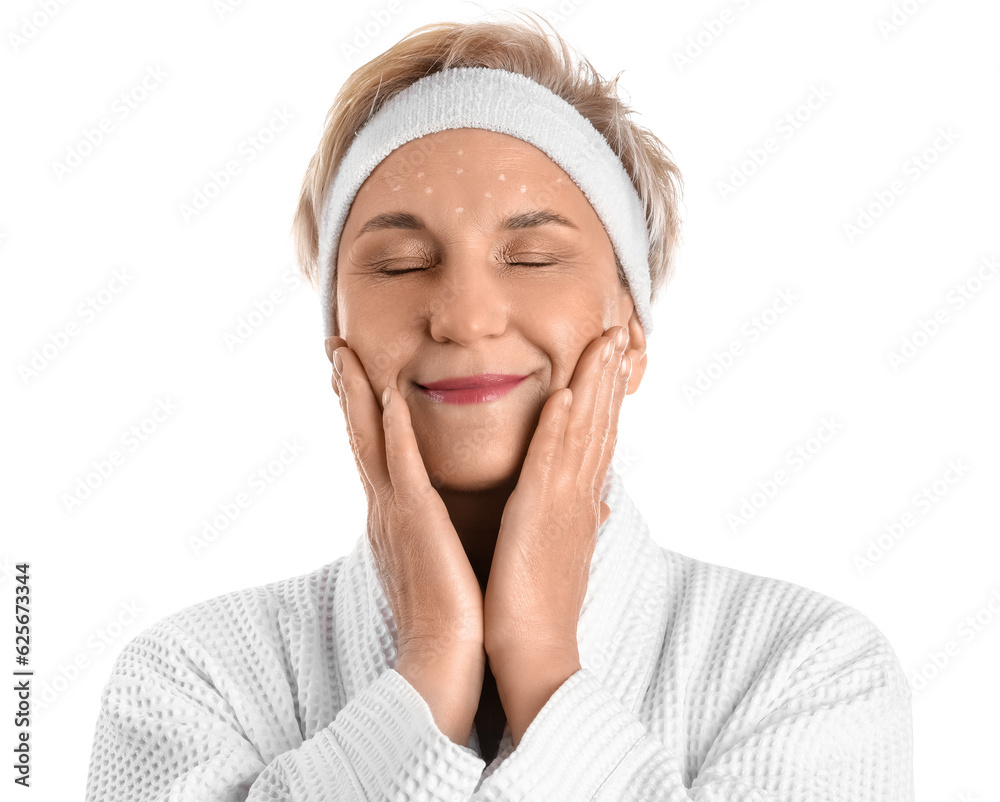 Mature woman with marked face for filler injections on white background, closeup Mature woman with marked face for filler injections on white background, closeup