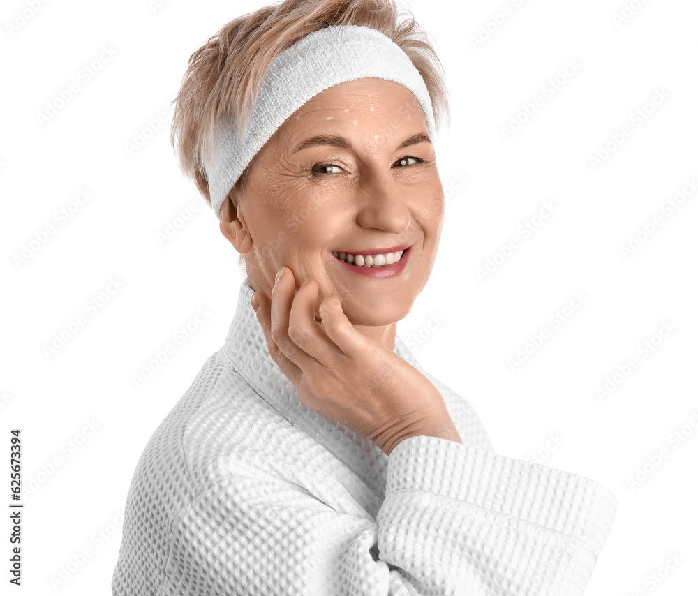 Mature woman with marked face for filler injections on white background, closeup Mature woman with marked face for filler injections on white background, closeup