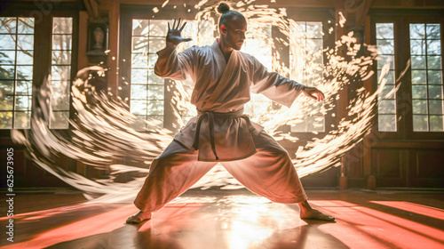 martial artists in the dojo training, glowing sparks in the background, generative AI photo