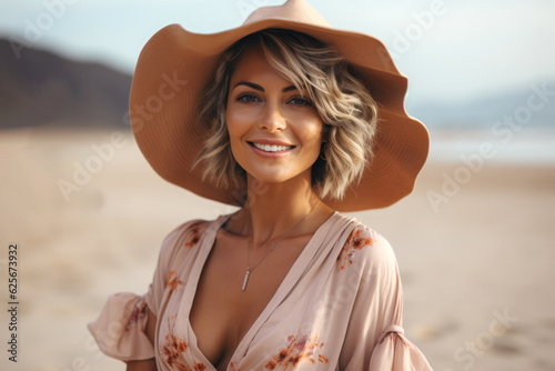 Casual portrait of a mature woman at a beach smiling at the camera wearing a hat