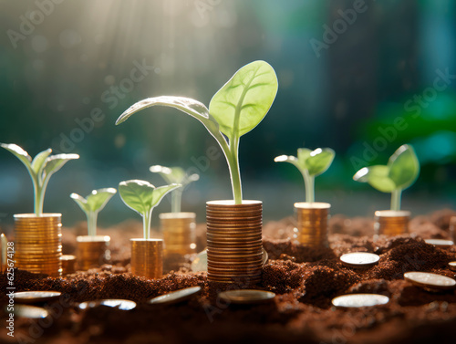 Concept of investment and successful business with a sprout growing from coins on blur background. Generative AI