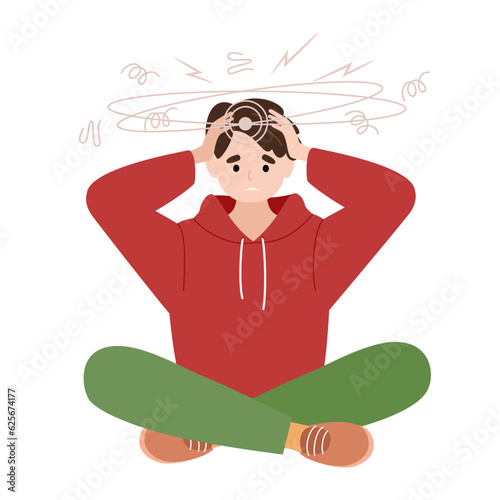 Unhappy man suffers from vertigo and headache and needs medical help. Overworked. Symptom of influenza and other diseases. Stress. Healthcare and medicine concept. Vector illustration