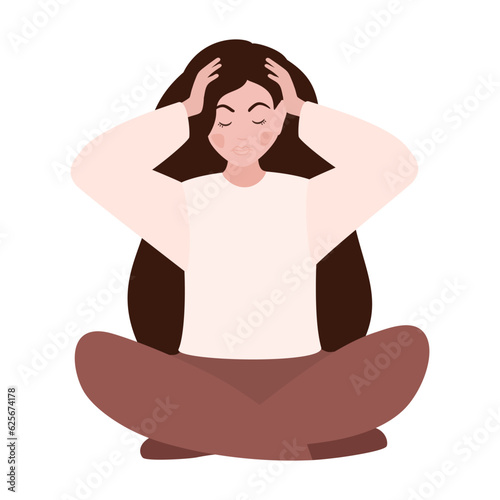 Unhappy girl suffers from vertigo and headache and needs medical help. Overwork. Symptom of influenza and other diseases. Stress. Healthcare and medicine concept. Vector illustration.