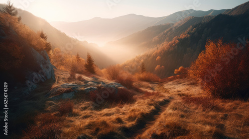 Sunny sunrise in autumn mountains. Mountains in a fog illuminated by rising sun. Autumn landscape with vivid sunlight.