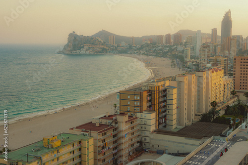 Benidorm city skyline, view from the height of a city on the beach, with buildings and the coast