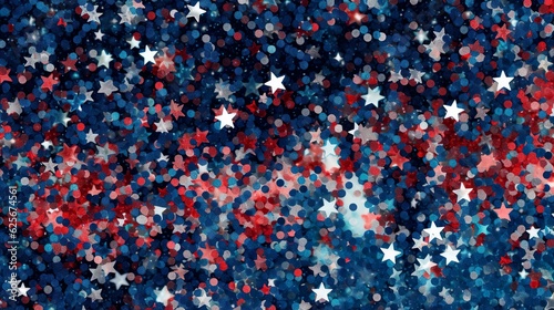 4th of July party concept. Top view flat lay of stars, star-shaped confetti on white background red blue