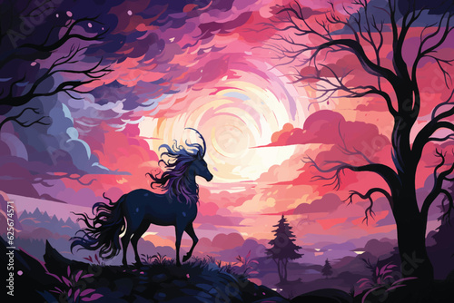 vector flat color cartoon illustration of Dreamy unicorn silhouette  A whimsical scene featuring a cute unicorn and moon