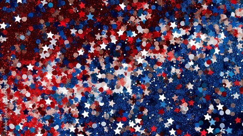 4th of July party concept. Top view flat lay of stars, star-shaped confetti on white background red blue