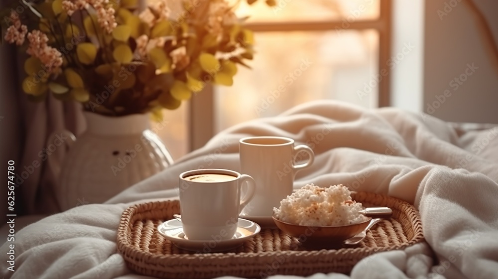 Cup of coffee on wicker tray. Textured clay table lamp, old books on vintage wooden bench, night stand. Bedroom view. Checkered beige pillows, linen blanket. Elegant Scandinavian interior Cup of coffee on wicker tray. Textured clay table lamp, old books on vintage wooden bench, night stand. Bedroom view. Checkered beige pillows, linen blanket. Elegant Scandinavian interior