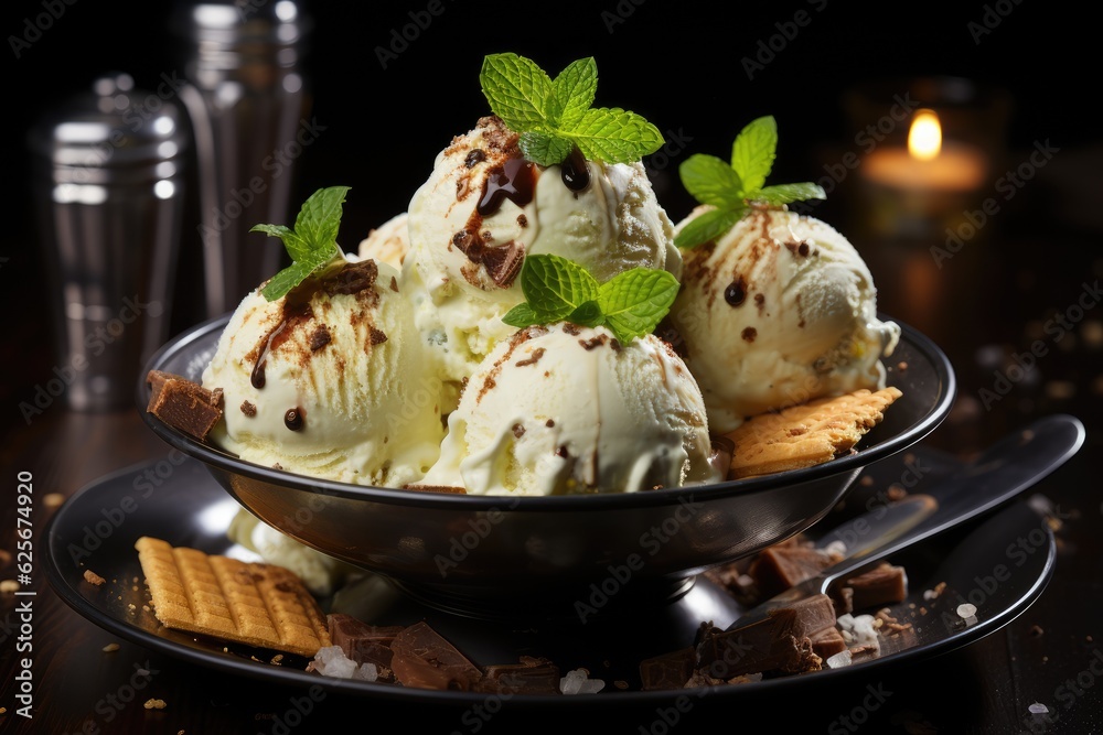 Pistachio stracciatella ice cream on a black dish on the table. Pistachio stracciatella ice cream on a black dish on the table.