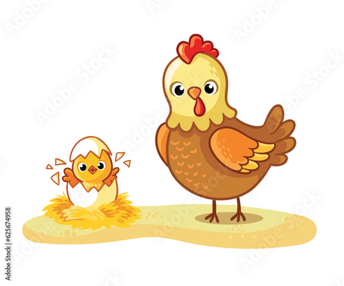 Mother hen and chicken. Mom and baby.Vector illustration with farm animals.