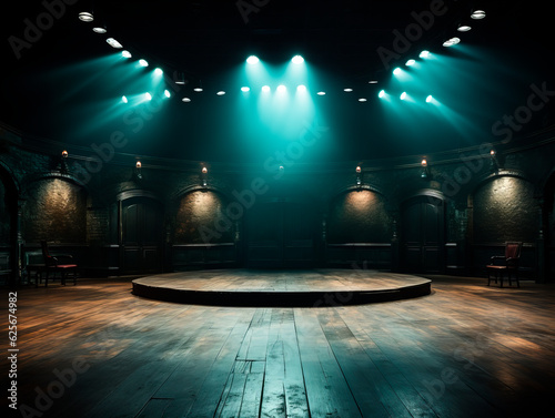 Dramatic live performance venue, spotlight shining on an empty stage and lone podium. AI generative © Who is Danny
