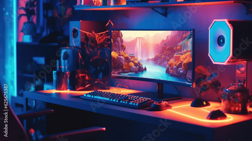 A gaming computer with RGB LED lighting on the desk © didiksaputra