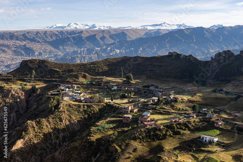 View from the impressive landmark Muela del Diablo down into the valley with the highest capital and vibrant city La Paz and El Alto in Bolivia