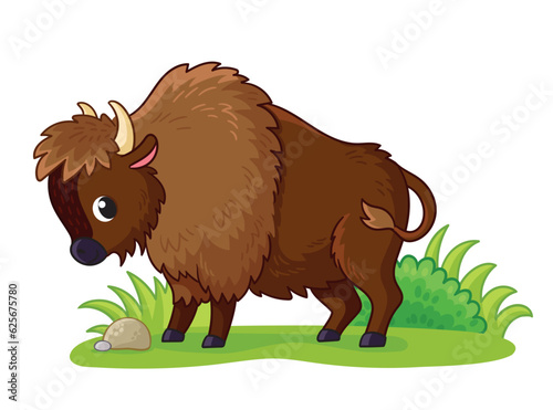 Cute bison stands on a green meadow. Vector illustration with animal.