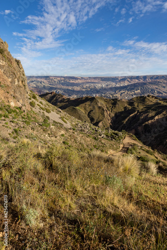 View from the impressive landmark Muela del Diablo down into the valley with the highest capital and vibrant city La Paz and El Alto in Bolivia