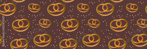Vector seamless pattern with pretzels on a dark background. Krengel with sesame seeds.