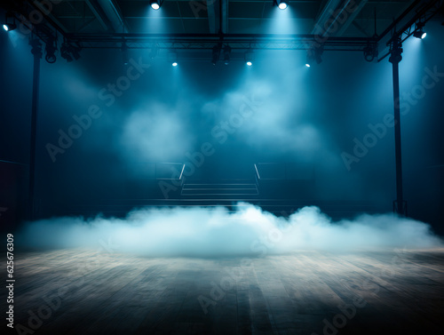 Empty smokey dark stage background with stairs, wooden floor and ceiling spotlights mockup. Generative AI © Who is Danny