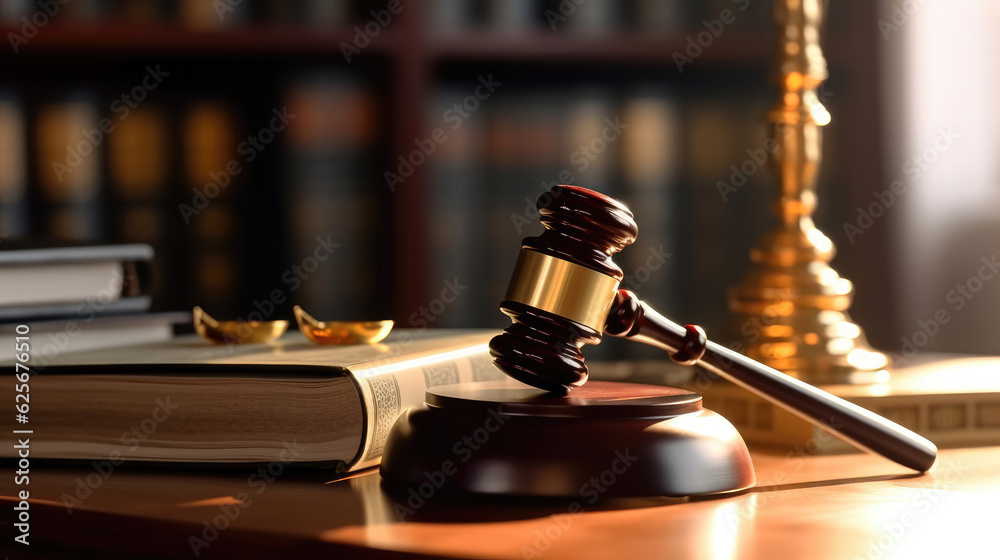 Close-up of judge gavel and books on the desk in the law office room Close-up of judge gavel and books on the desk in the law office room