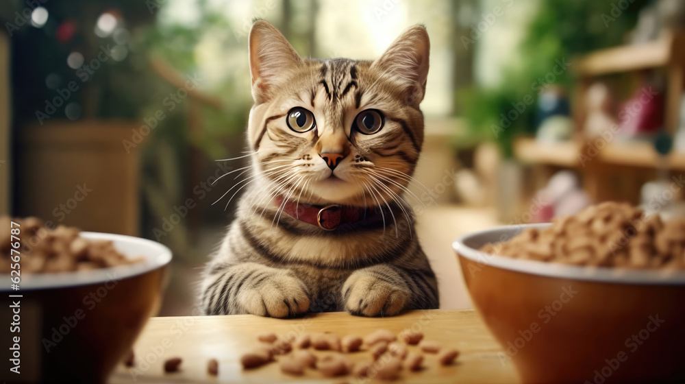 Poster Print Cute cat eating cat food 40x22.2 cm