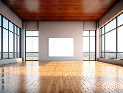 Blank white image frame mockup on ligh grey wall in a modern gallery interior with wooden floor and large windows. Generative AI