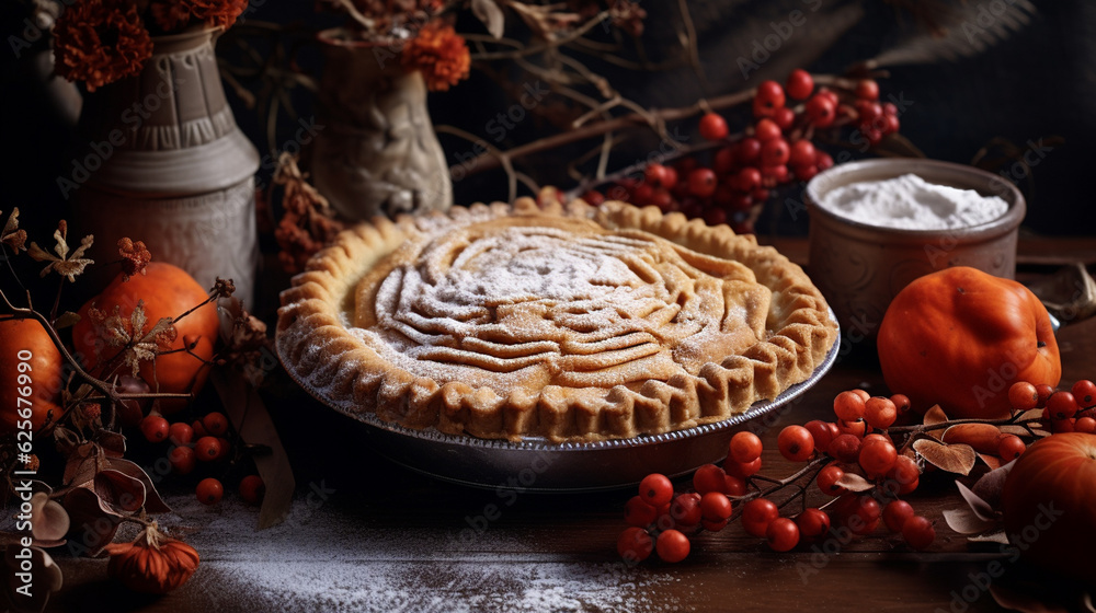 Baked Pumpkin Pie with Intricate Golden Crust on Vintage Farmhouse Background - Surrounded by Colorful Pumpkins and Gourds in Fall/Autumn Theme - Generative AI Baked Pumpkin Pie with Intricate Golden Crust on Vintage Farmhouse Background - Surrounded by Colorful Pumpkins and Gourds in Fall/Autumn Theme - Generative AI
