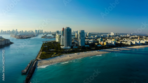 Aerial view of South Beach, Miami Beach, Florida, USA. Drone view of Miami Beach. 