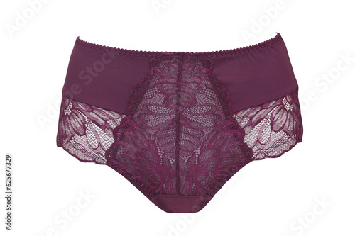 Lingerie. Burgundy panties with lace isolated on white background. Fashionable beautiful women's underwear