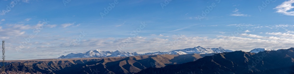 Snow-covered mountains in the Bolivian Andes viewed from the landmark Muela del Diablo in La Paz - Traveling South America - Panorama