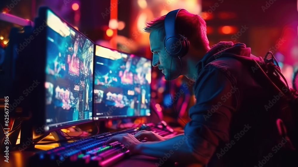 Obraz premium Professional gamers play video games on rgb pc