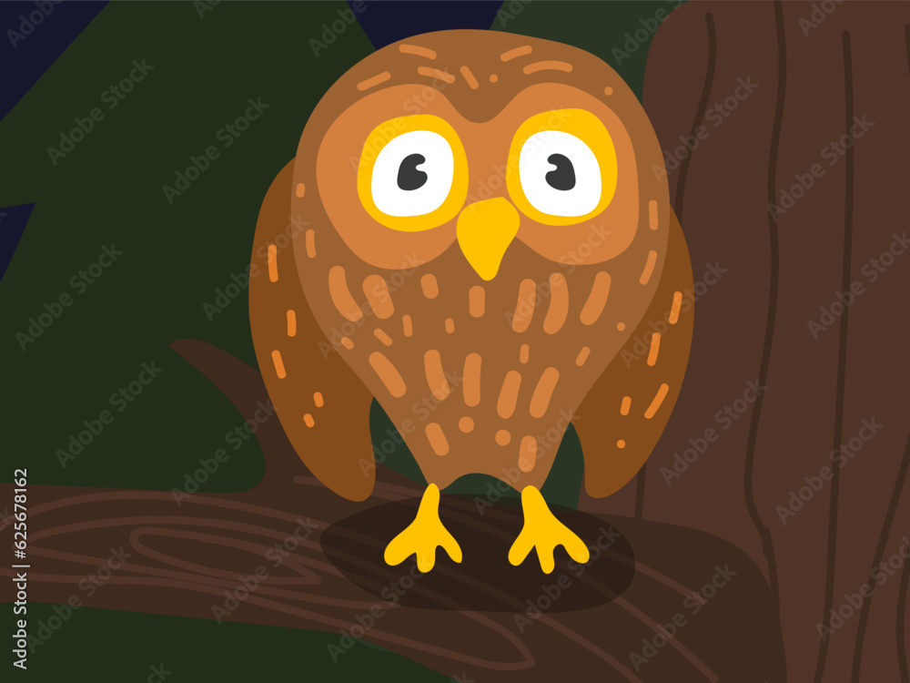 Fototapeta premium Illustration of a cartoon owl on a tree at night. Forest world with a funny owl. An owl in its usual habitat. Children's illustration, printing for children's books
