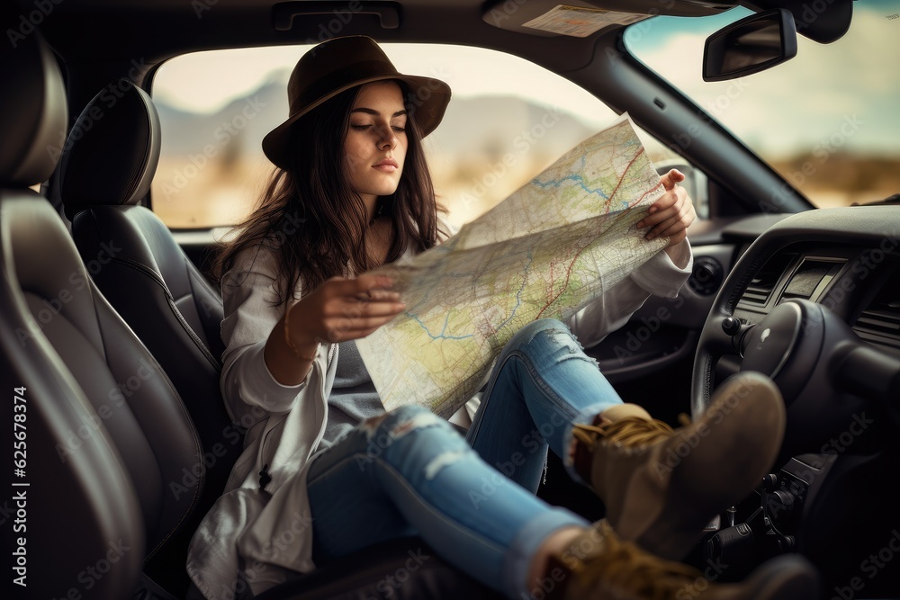 Woman traveling alone sitting in car , AI Generated Woman traveling alone sitting in car , AI Generated