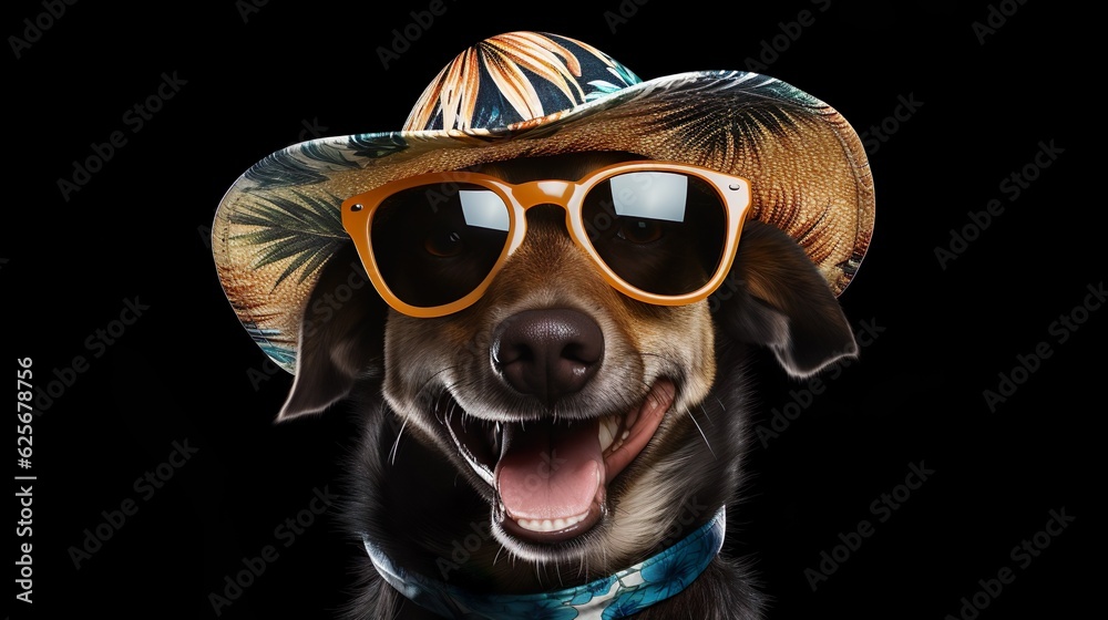 An adorable smiling brown dog wears hat with sunglasses on top and dress for summer season on black background.