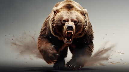 Angry grizzly bear in rage sprinting in water towards camera