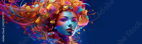 Surreal abstract woman portrait with fantasy bright combinations. Innovative solutions, Symbol of creativity, youth, bright manifestation.Generative Ai content © Nataliia