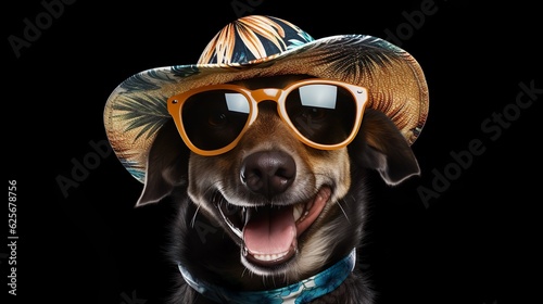 An adorable smiling brown dog wears hat with sunglasses on top and dress for summer season on black background. © Damerfie