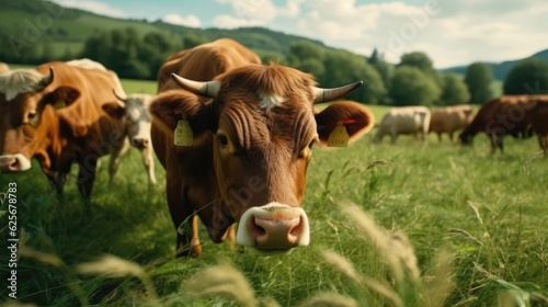 Close-up of a herd of bulls feeding on a green field in the morning