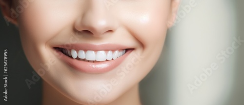 Beautiful wide smile of healthy woman  white teeth close up  dentist tooth whitening. Generative AI