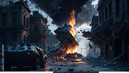 3D art of ukraine city in war. armored car in front of a burning tank. city burning. Created with generative AI.