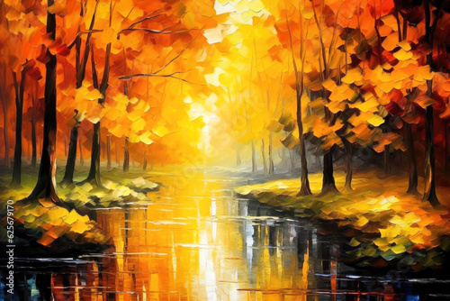 Autumn Fall Forest with River Oil Painting Landscape. Canvas Texture  Brush Strokes.