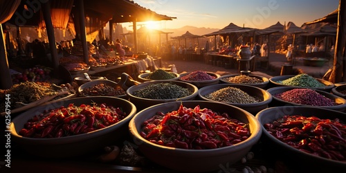 Fototapeta Naklejka Na Ścianę i Meble -  AI Generated. AI Generative. Traditional arab indian asian morocco spice products at day domestic market store shop bazzar. Healthy organic product. Graphic Art