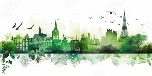 Green Silhouette of Amsterdam Skyline Celebrating Green Energy and Iconic Landmarks in Beautiful Watercolor Style
