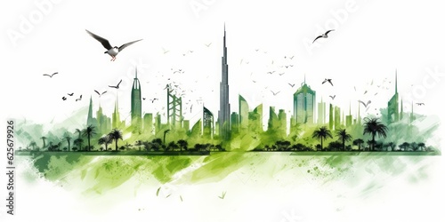 Green Silhouette of Dubai Skyline Celebrating Green Energy and Iconic Landmarks in Beautiful Watercolor Style