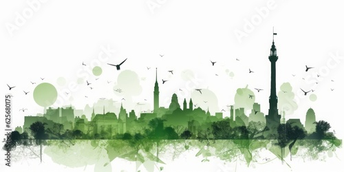 Green Silhouette of Mexico Skyline Celebrating Green Energy and Iconic Landmarks in Beautiful Watercolor Style