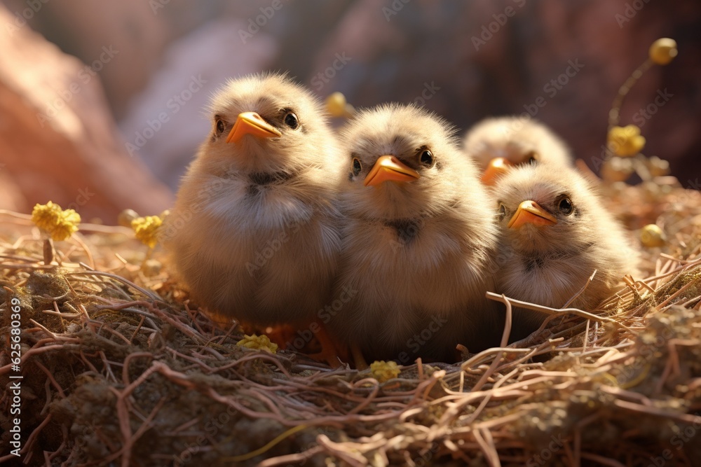 Photograph of birds in their nests with chicks, Generative AI