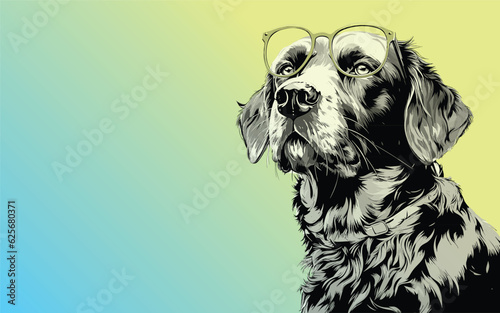 Dog hand-drawn illustration with copy space with yellow and green color background
